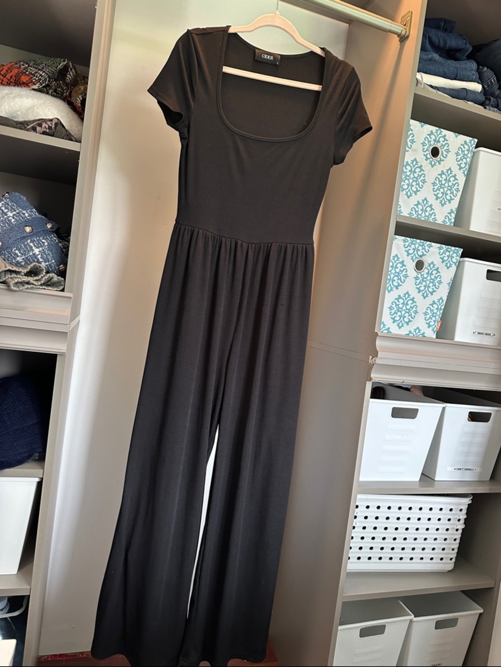 Cider Black Short-Sleeve Scoop-Neck Wide-Leg Jumpsuit